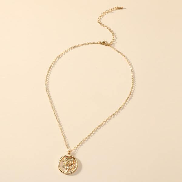 

Flower Textured Round Pendant Necklace, Gold