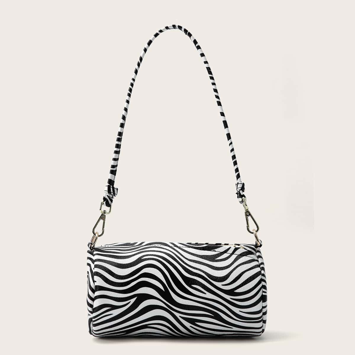 

Zebra Print Cylindrical Shoulder Bag, Black and white