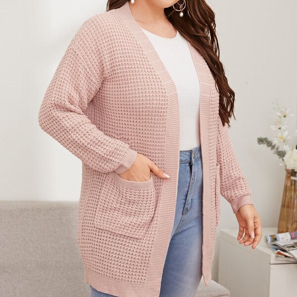 

Plus Dual Pockets Drop Shoulder Cardigan, Baby pink