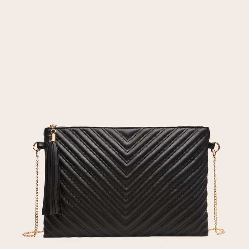 

Tassel Charm Chevron Clutch Bag, Black
