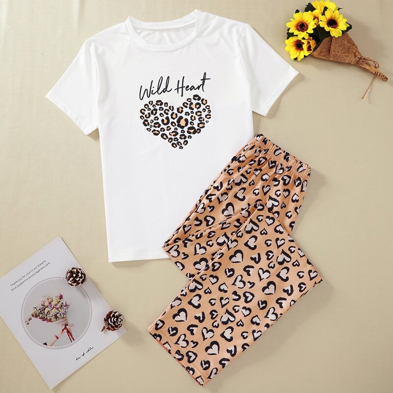 

Leopard And Heart Print Pajama Set, Multicolor
