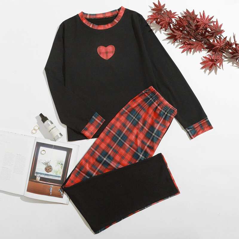 

Plaid & Heart Print PJ Set, Multicolor