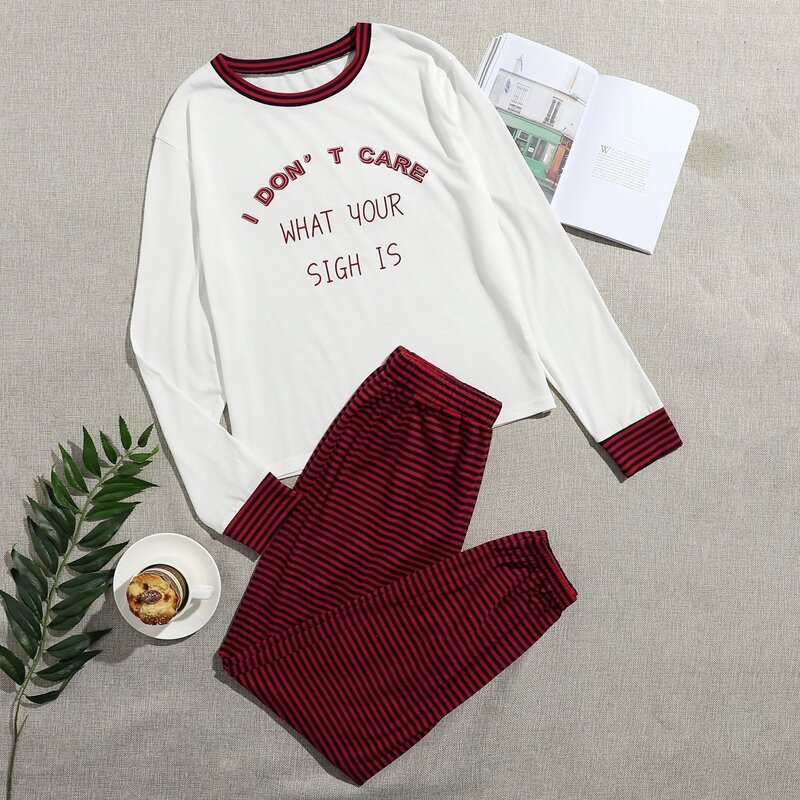 

Stripe & Slogan Graphic PJ Set, Multicolor