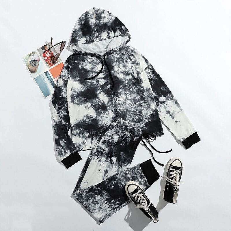

Tie Dye Hoodie & Pants Lounge Set, Black and white