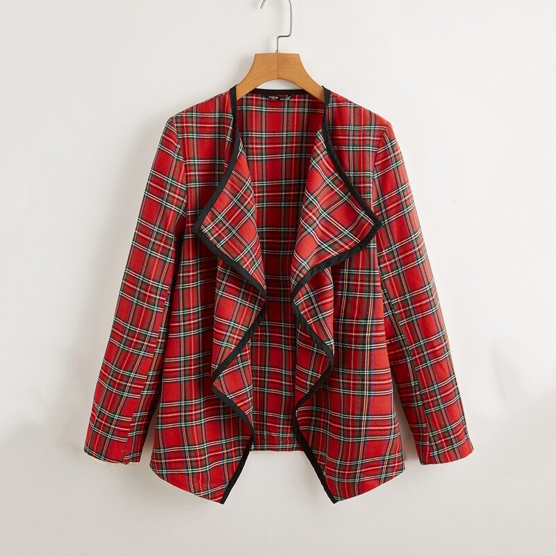 

Tartan Plaid Contrast Binding Waterfall Collar Coat, Multicolor