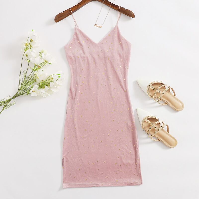 

Star Pattern Velvet Cami Dress, Baby pink