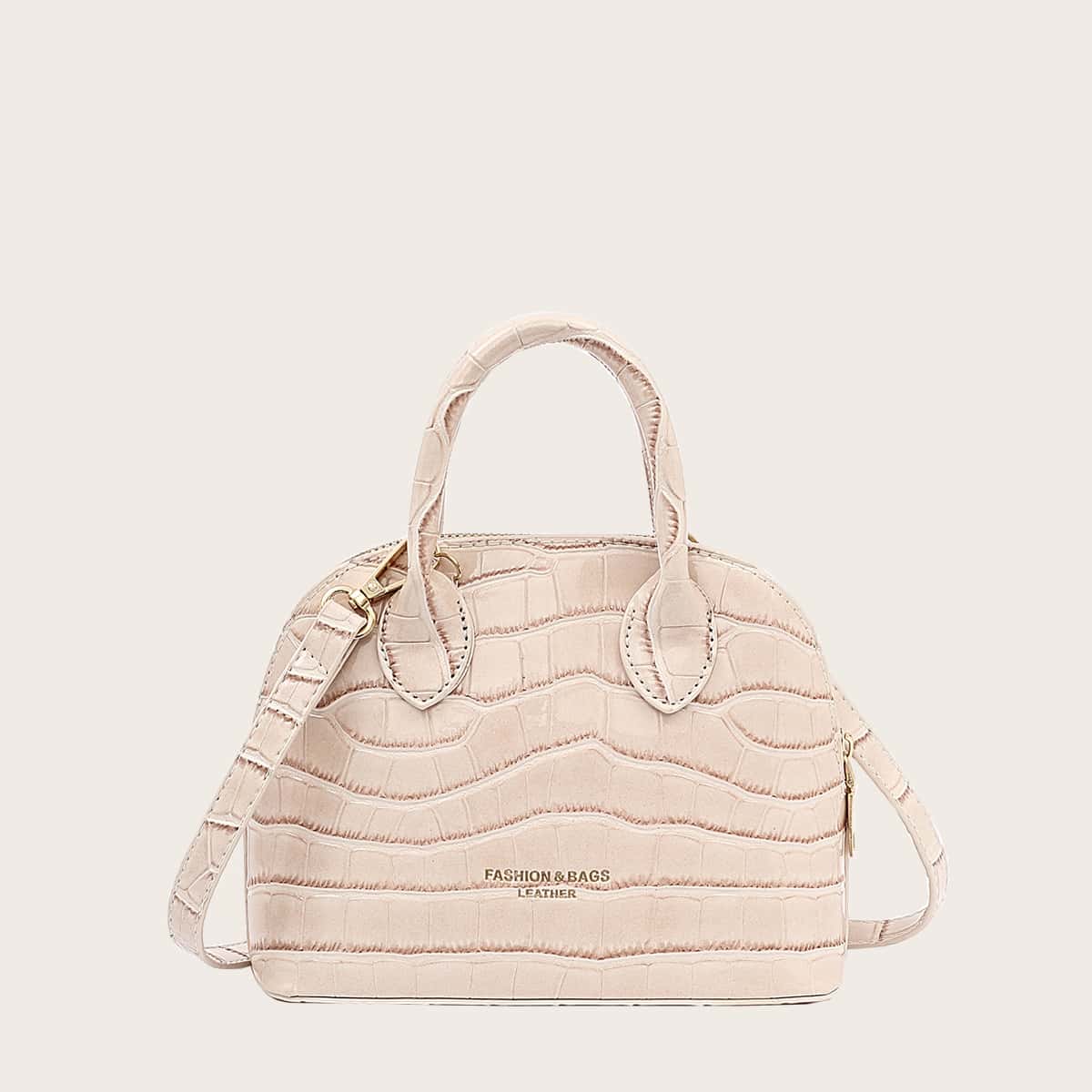 

Croc Embossed Letter Graphic Satchel Bag, Beige