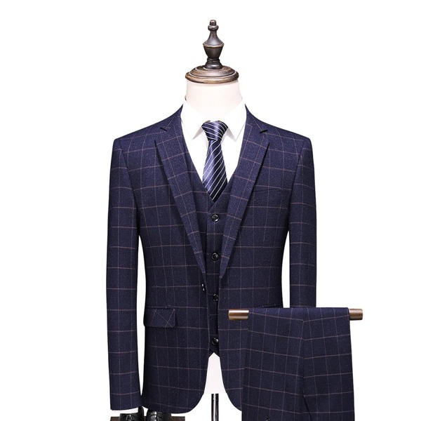 

Men Plaid Print Single Button Blazer With Tailored Pants With Blazer Vest, Navy blue