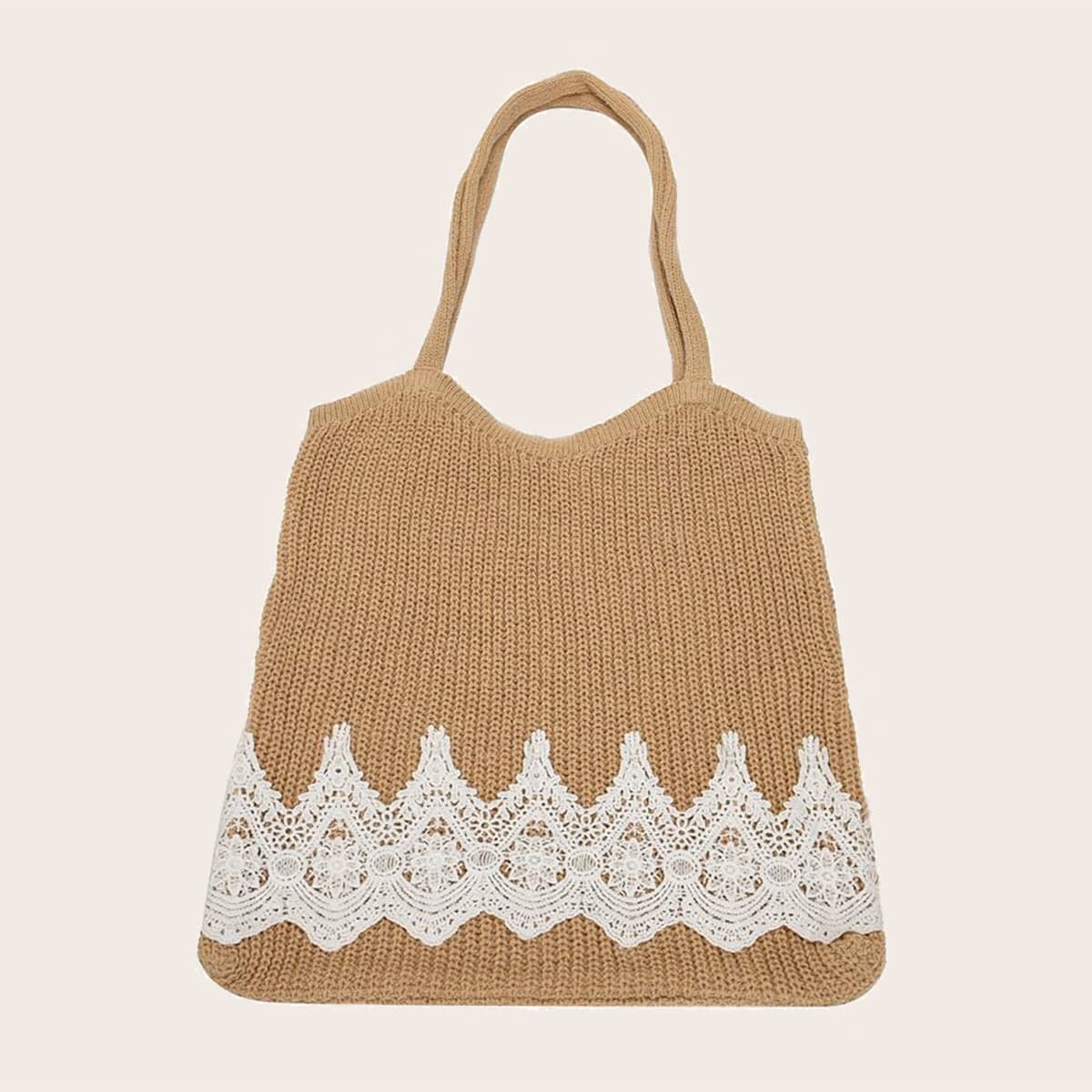 

Contrast Lace Decor Knit Tote Bag, Khaki