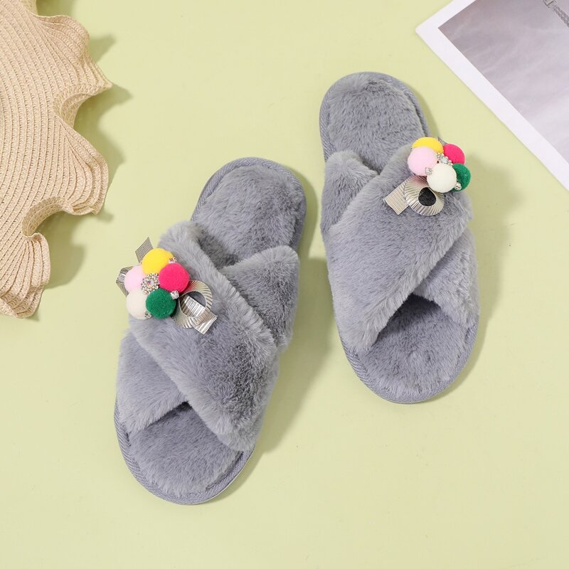 

Pom Pom Decor Cross Strap Fluffy Slippers, Grey