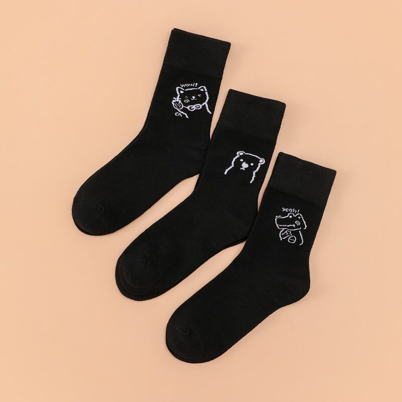 

3pairs Cartoon Graphic Socks, Black