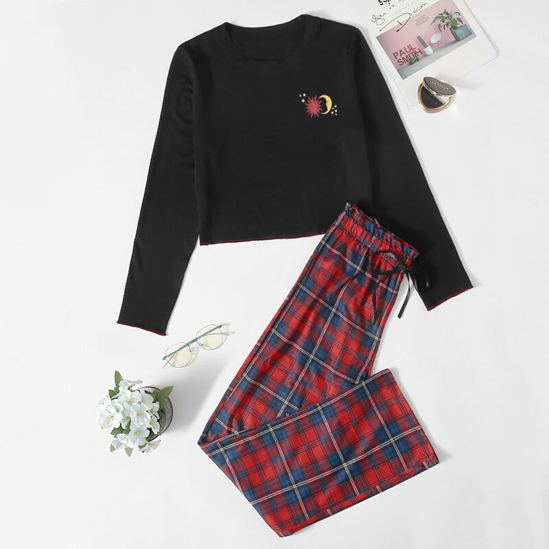 

Galaxy Print Tee & Plaid Pants PJ Set, Multicolor