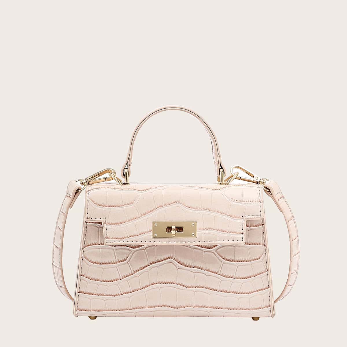 

Croc Embossed Twist Lock Satchel Bag, Beige