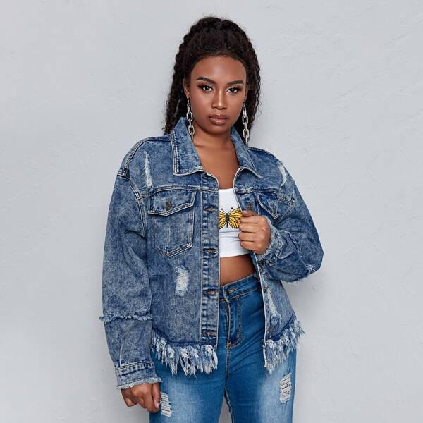 

Plus Ripped Detail Fringe Hem Denim Jacket, Dark wash