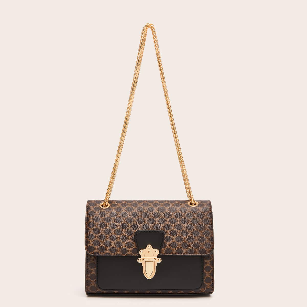 

Push Lock Color Block Flap Shoulder Bag, Black