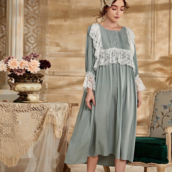 

Contrast Lace Flounce Sleeve Night Dress, Mint green