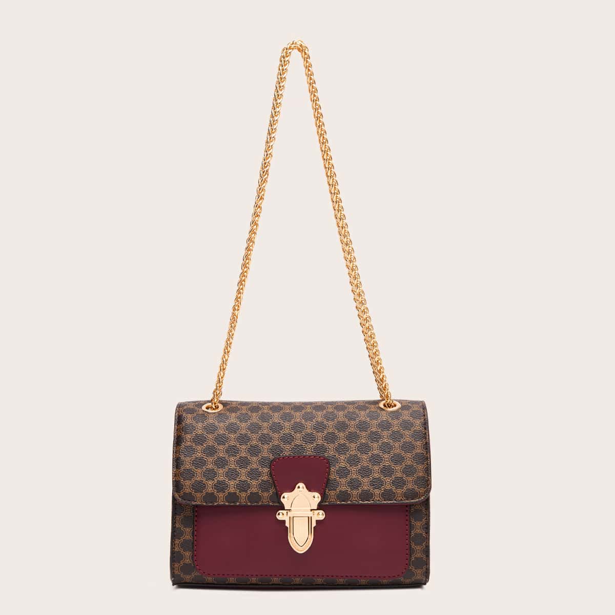 

Push Lock Color Block Flap Shoulder Bag, Burgundy