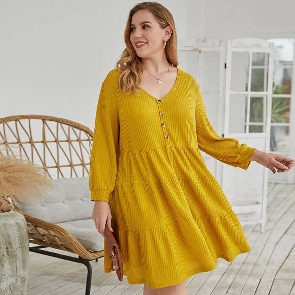 

Plus V-neck Button Front Ruffle Hem Waffle Dress, Mustard yellow