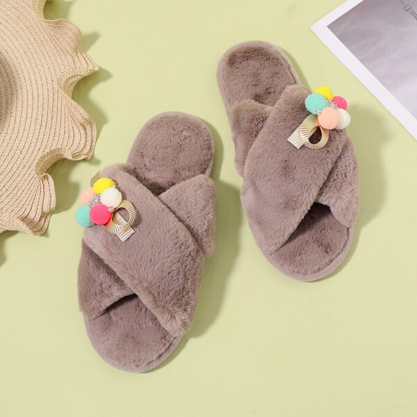 

Pom Pom Decor Cross Strap Fluffy Slippers, Khaki