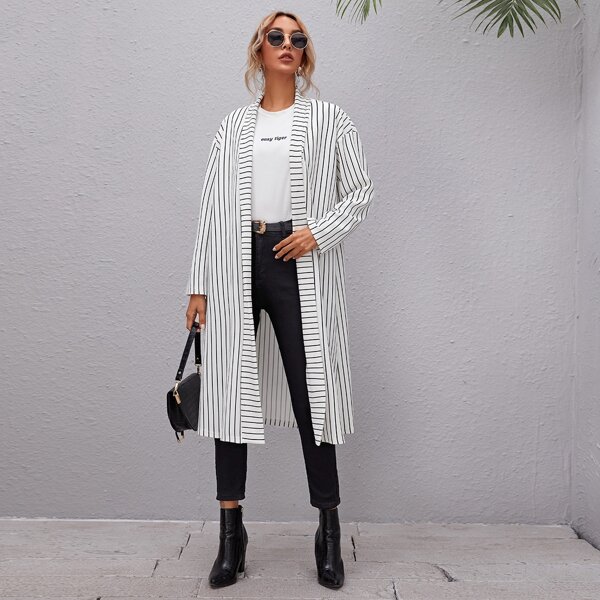 

Striped Print Open Front Long Coat, White