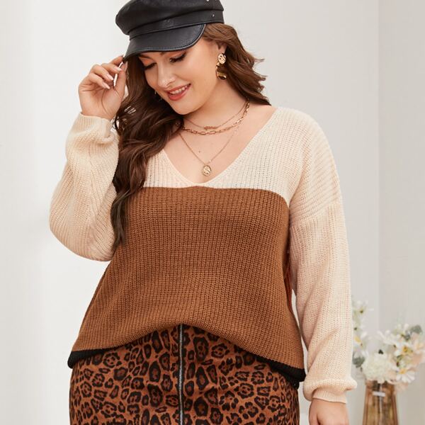 

Plus Drop Shoulder Color Block Sweater, Multicolor