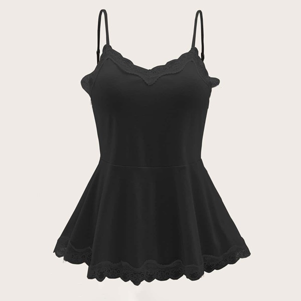 

Plus Contrast Lace Ruffle Hem Cami Top, Black