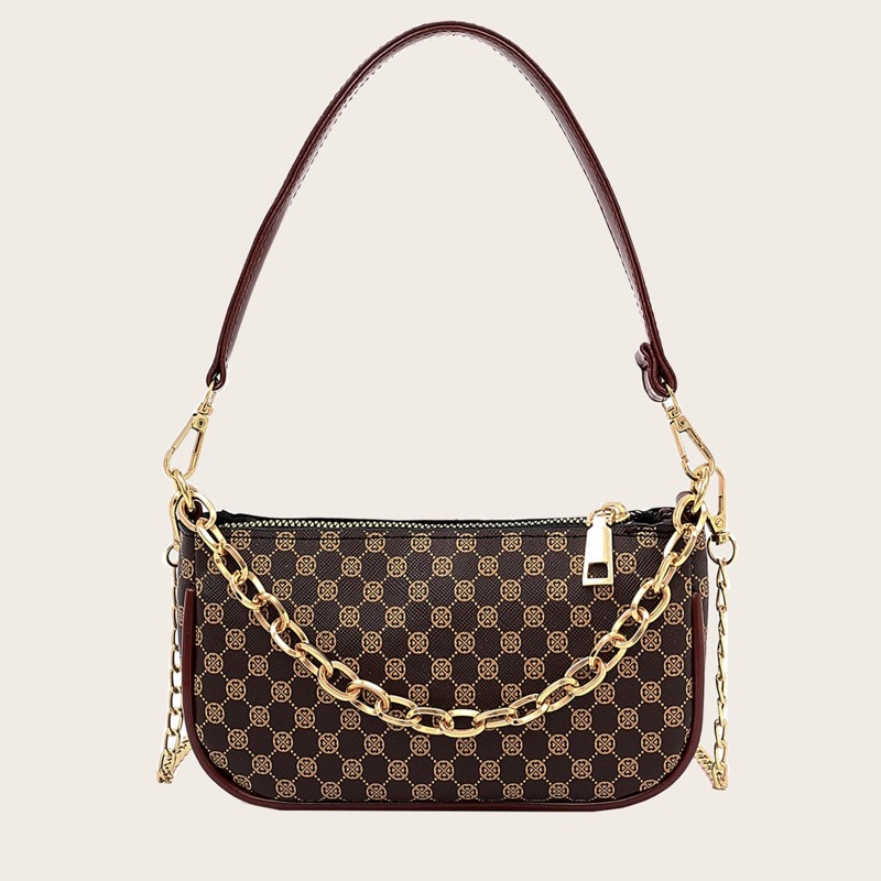 

Geometric Pattern Chain Baguette Bag, Brown