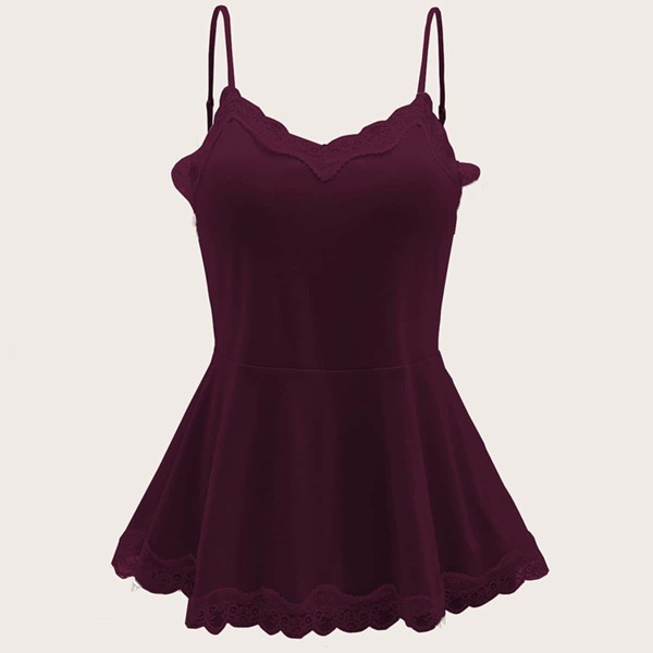 

Plus Contrast Lace Ruffle Hem Cami Top, Burgundy