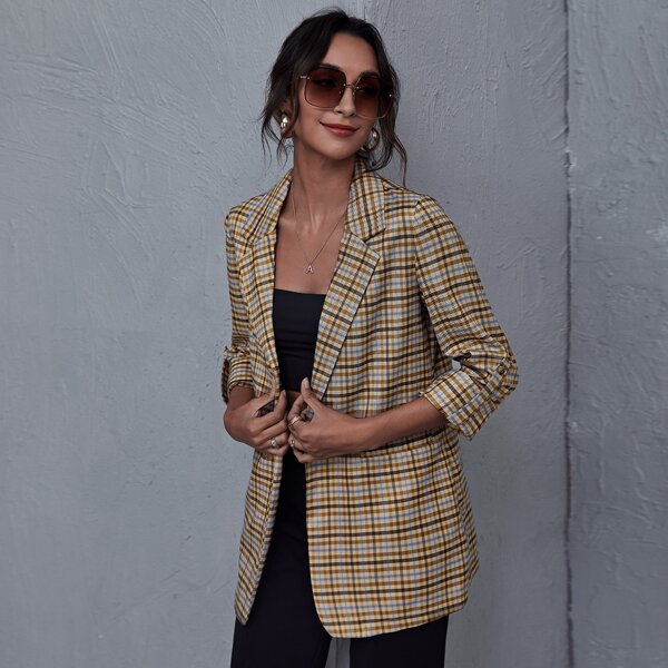 

Plaid Print Open Front Blazer, Multicolor