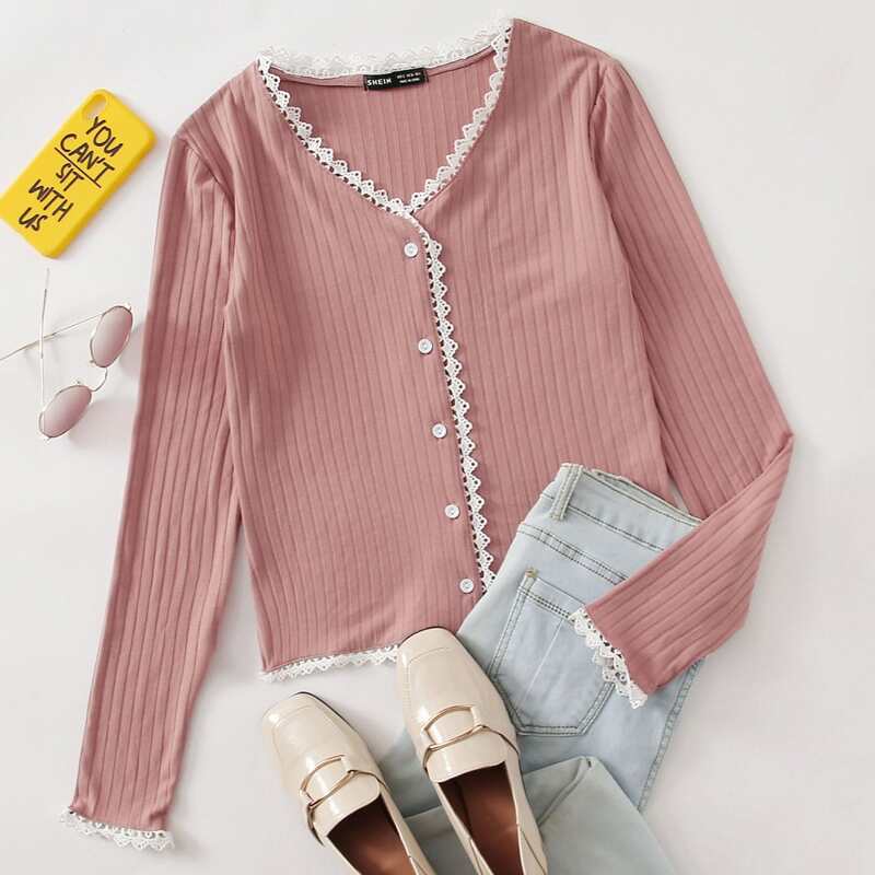 

Contrast Lace Trim Rib-Knit Button Front Tee, Pink