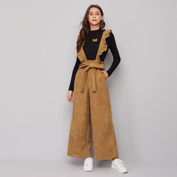 

Ruffle Trim Wide Leg Suspender Jumpsuit With Belt, Camel