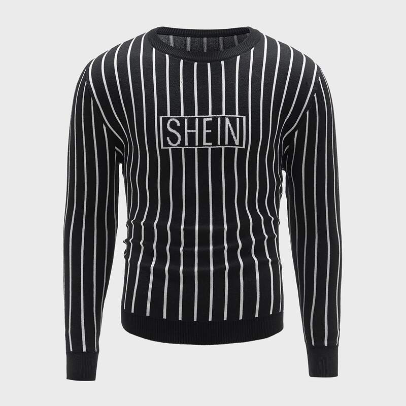 

Guys Vertical Striped Letter Pattern Sweater, Black