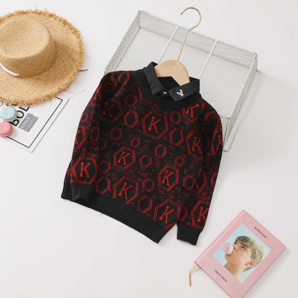 

Boys 2 In 1 Letter And Geo Pattern Sweater, Multicolor