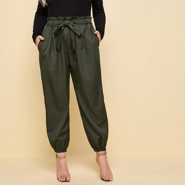 

Plus Solid Paper Bag Waist Belted Pants, Dark green