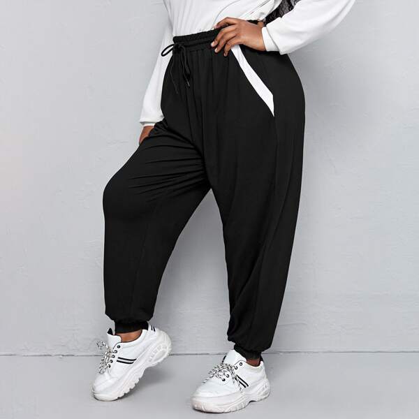 

Plus Contrast Panel Drawstring Waist Sweatpants, Black