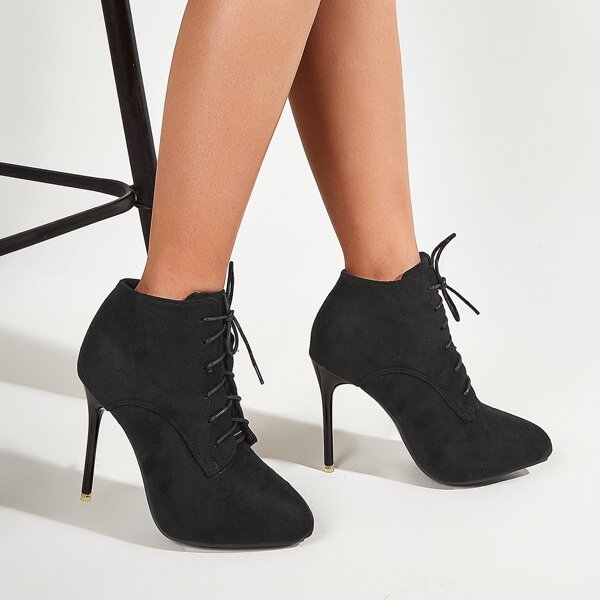 

Point Toe Stiletto Heeled Lace-up Boots, Black