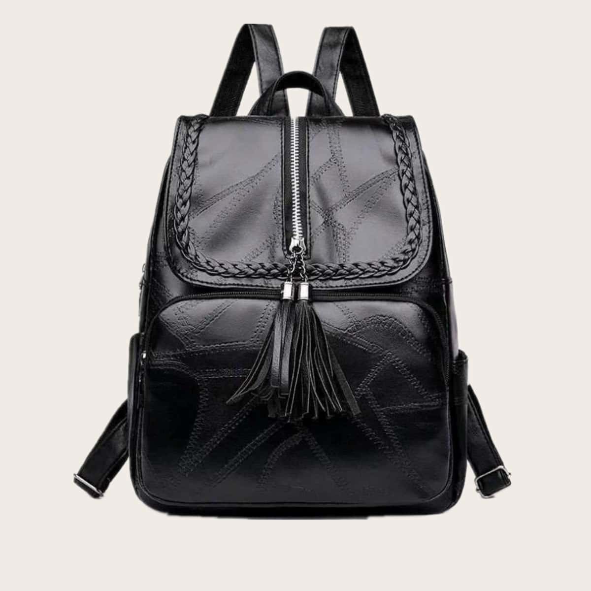 

Tassel Decor Braided Detail Backpack, Black