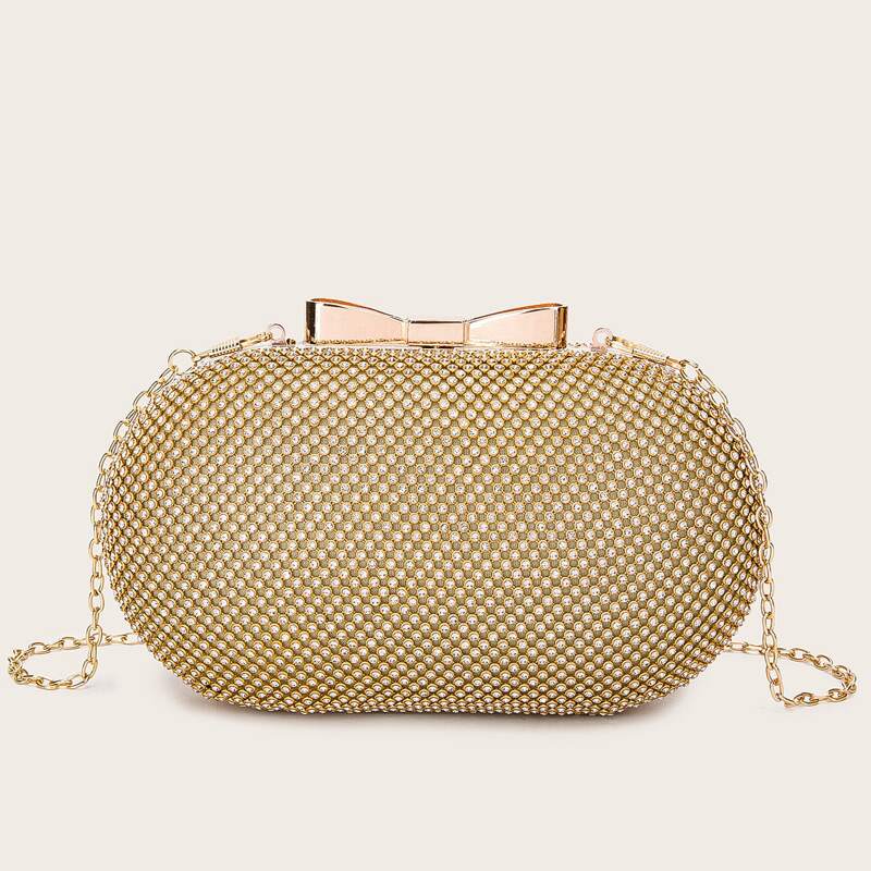

Bow & Rhinestone Decor Chain Clutch Bag, Gold