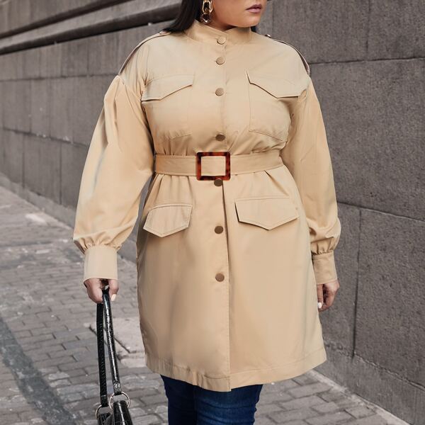 

Plus Button Front Belted Trench Coat, Khaki