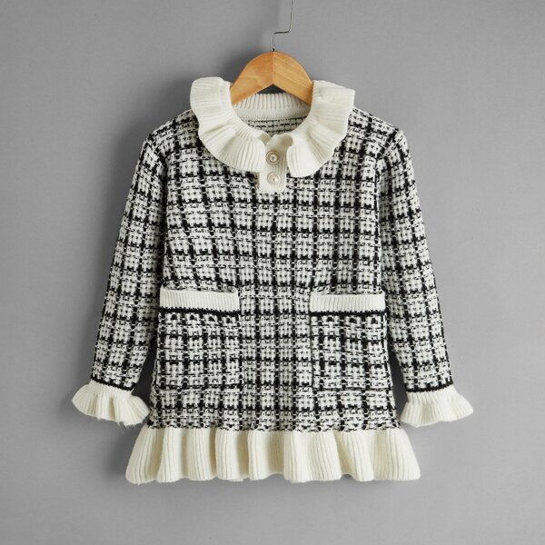 

Toddler Girls Plaid Ruffle Trim Sweater Dress, Black and white