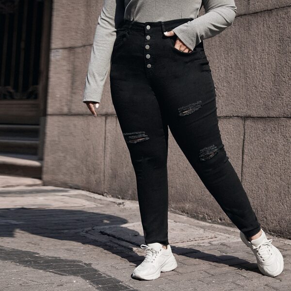 

Plus High Waist Ripped Skinny Jeans, Black