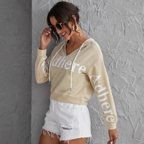 

Letter Graphic Drawstring Hoodie, Apricot