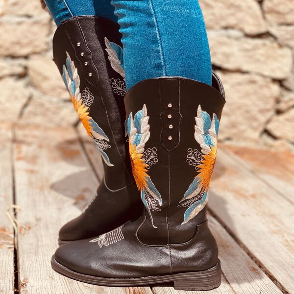 

Floral Embroidery Boots, Black