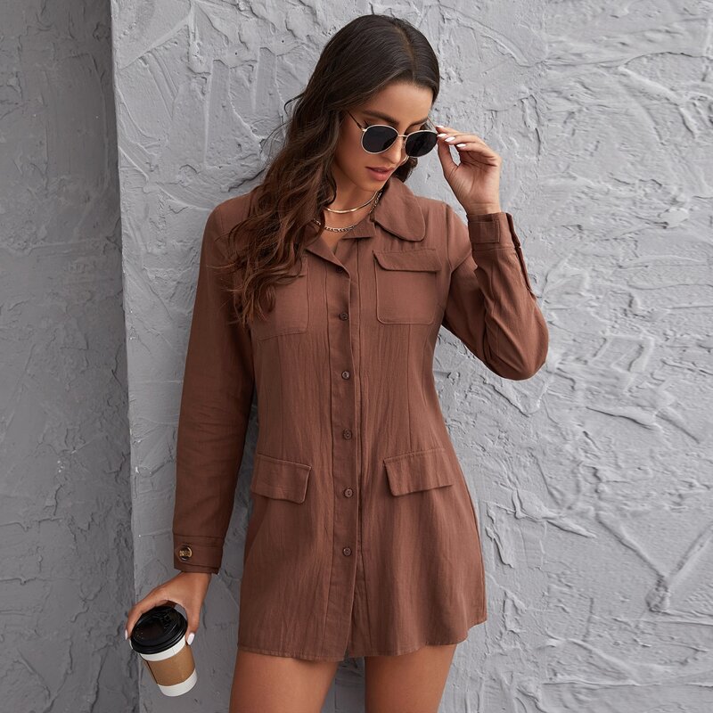 

Utility Pocket Shirt Dress, Rust brown