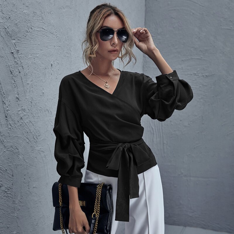 

Gathered Sleeve Wrap Belted Top, Black