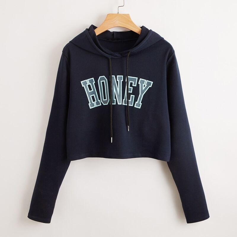 

Letter Graphic Crop Drawstring Hoodie, Navy blue