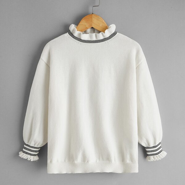 

Girls Striped Trim Frill Neck Sweater, White
