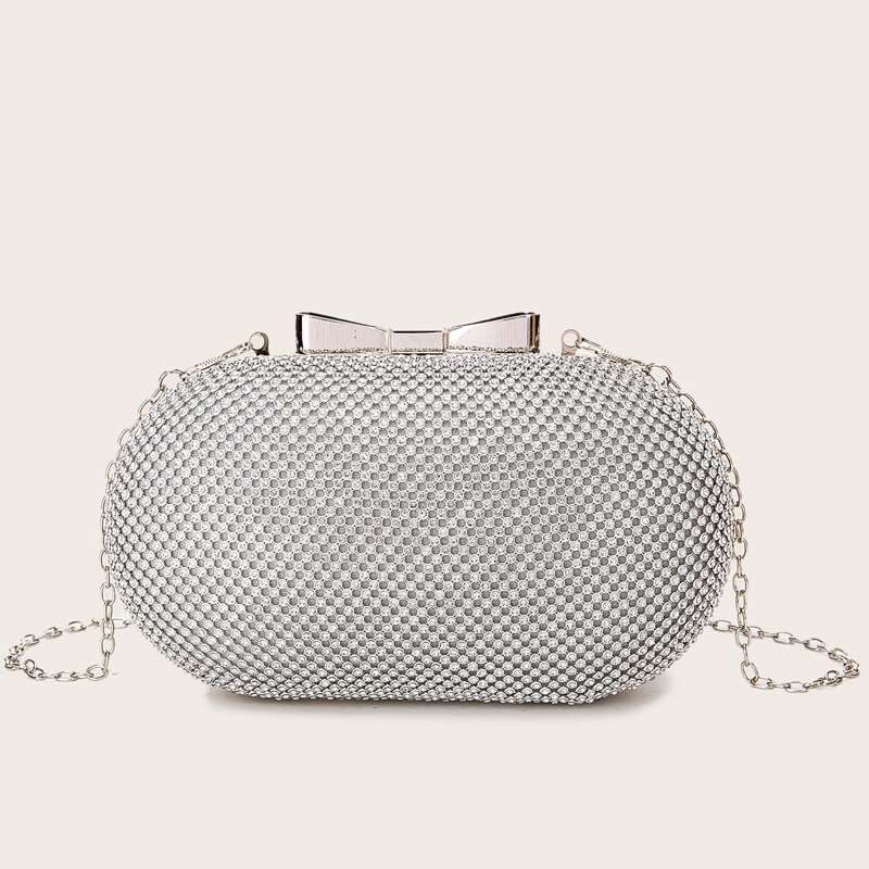 

Bow & Rhinestone Decor Chain Clutch Bag, Silver