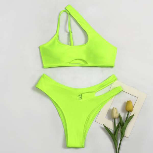 

Neon Lime Cut-out One Shoulder Bikini Swimsuit, Neon lime green