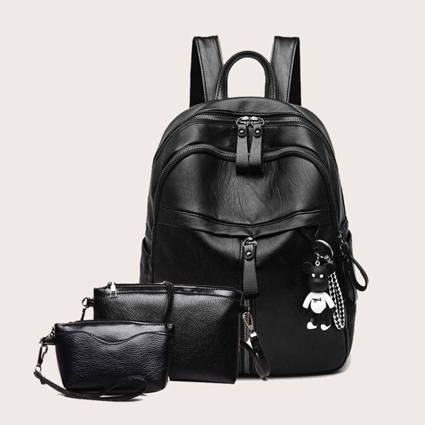 

3pcs Minimalist Curved Top Backpack Set, Black